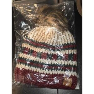 Panache Womens Cozy Knit Beanie Hat with‎ Faux Fur Pom Red Cream Green Fair Isle